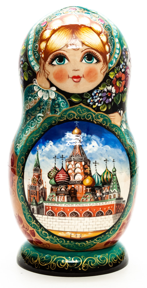 240 mm Moscow Kremlin and Snt Basil Cathedral hand painted Matryoshka 5 pcs with Zhostovo ornaments on Scarves and Rhinestones (by Olga Zaitseva)