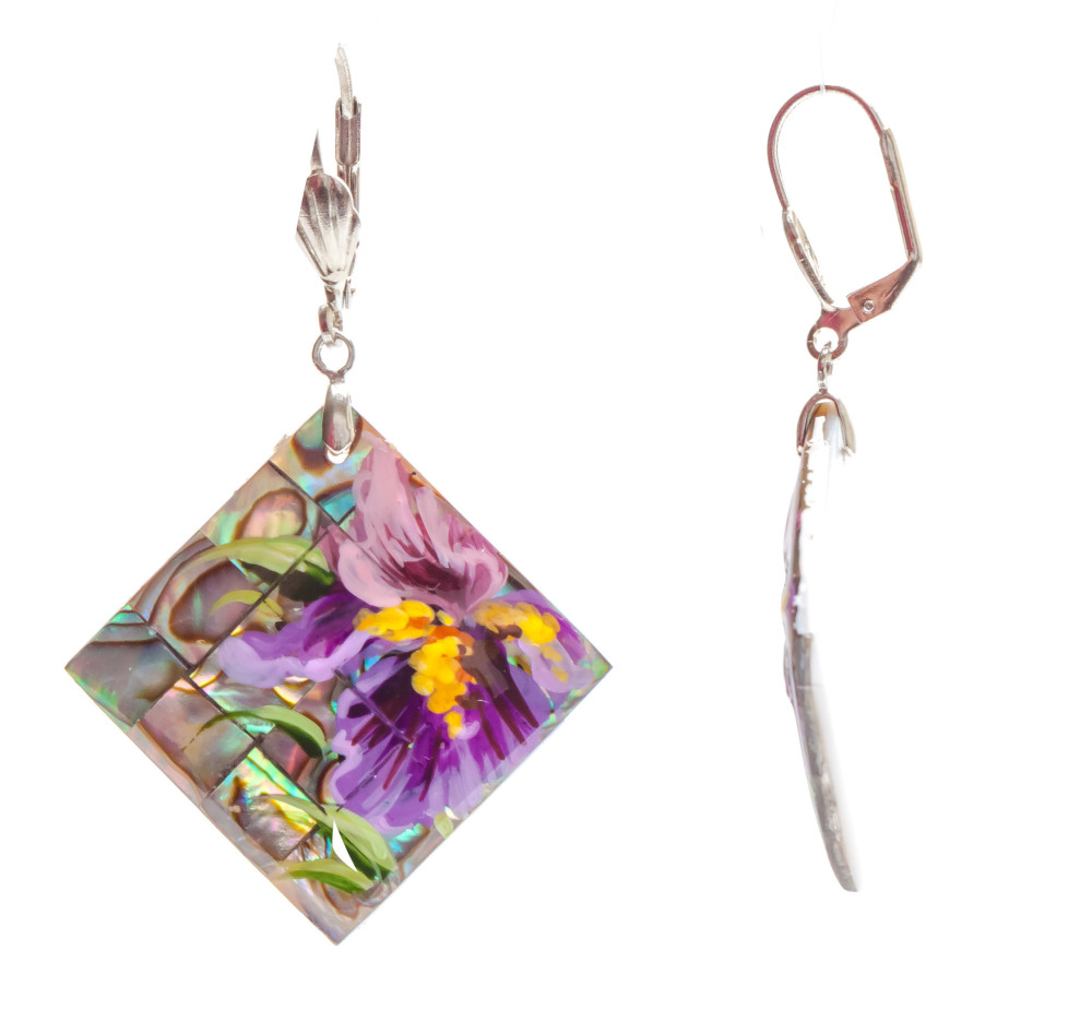 25x25 mm Flowers hand painted on Nacre Earrings (by Tatiana Shkatulka Crafts)
