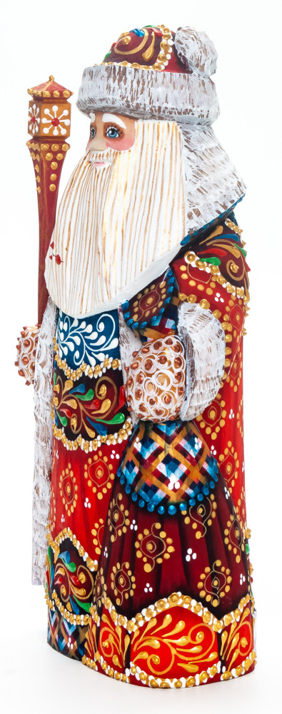 220 mm Santa Claus with a Magic Staff and a Bag handpainted Wooden Carved Statue (by Natalia Nikitina Workshop)