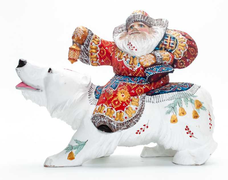 250 mm Santa Claus with a Bell Riding the Bear handpainted Wooden Carved Statue (by Natalia Nikitina Workshop)