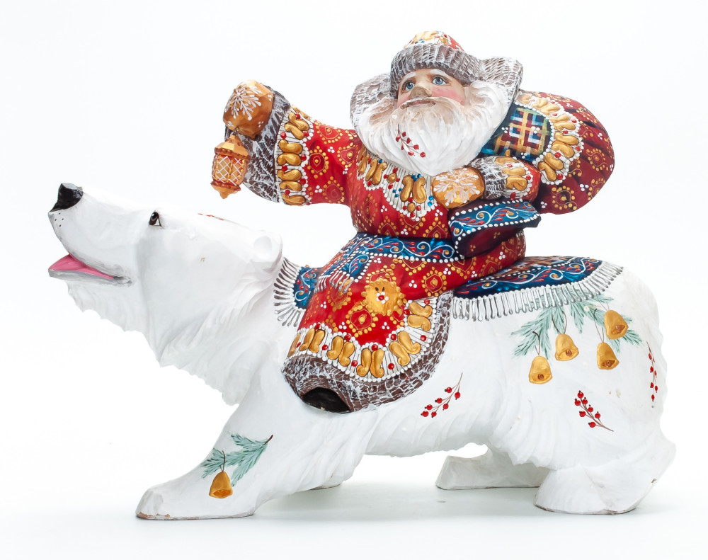 250 mm Santa Claus with a Bell Riding the Bear handpainted Wooden Carved Statue (by Natalia Nikitina Workshop)