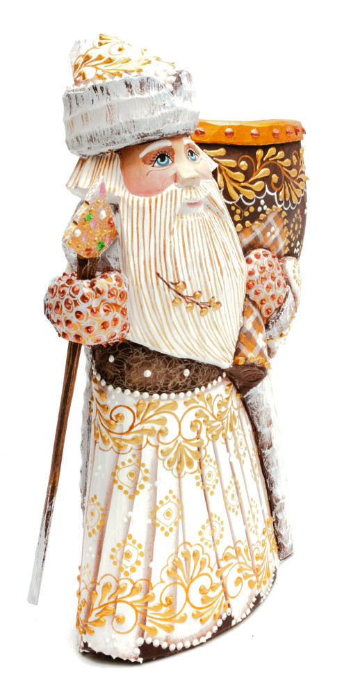 220 mm Santa with a Magic Staff and a Bag Carved Wood Hand Painted Collectible Figurine (by Natalia Nikitina Workshop)