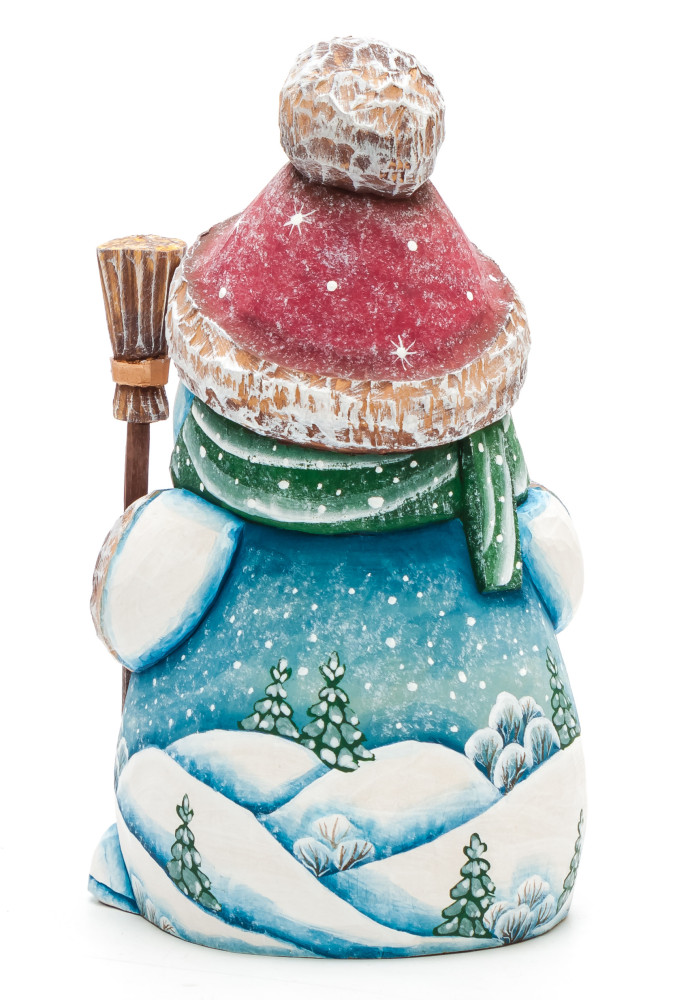 160 mm Snowman with a Broom and a Green Christmas Tree on wooden Figurine with hand painted Kinds playing in the Street (by Natalia Nikitina Workshop)