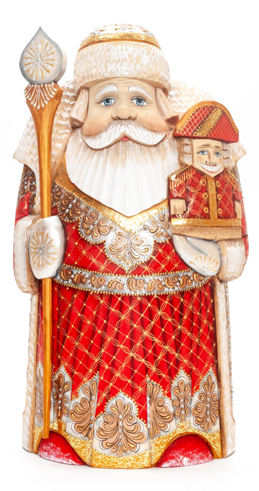 250 mm Santa with a Magic Staff and a Nutcracker Carved Wood Hand Painted Collectible Figurine  (by Natalia Nikitina Workshop)