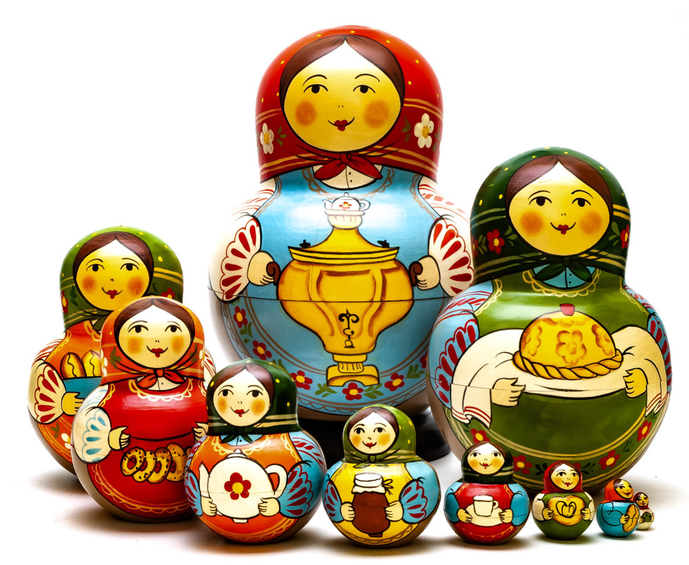 190 mm Mistress with Samovar hand painted Traditional Russian Wooden Matryoshka round doll 10 pcs (by Igor Malyutin)