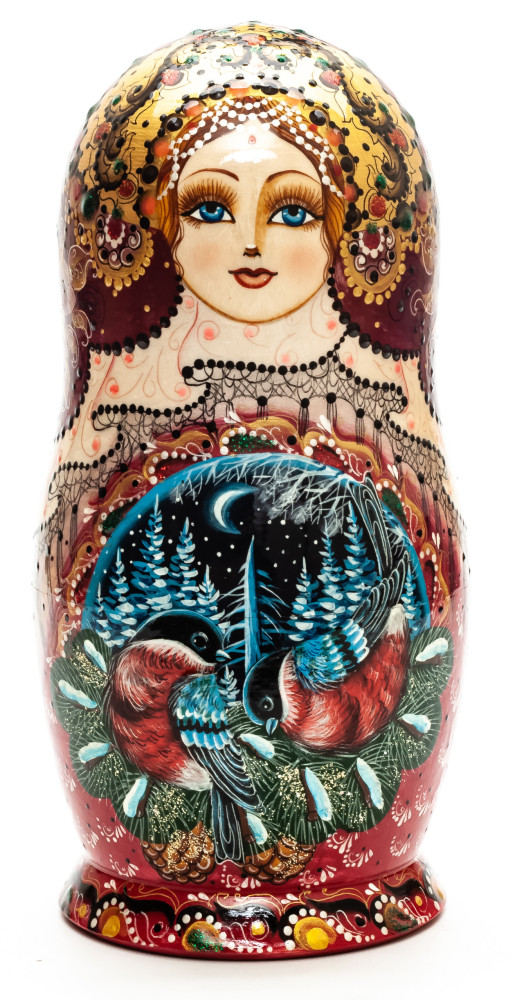 220 mm Bullfinches hand painted on Wooden Matryoshka doll 5 pcs (by Natalia Crafts)