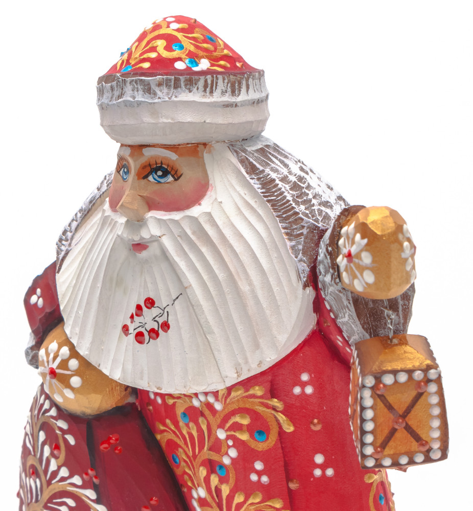 150 mm Santa with a Bag and a Lamp Carved Wood Hand Painted Collectible Figurine (by Natalia Nikitina Workshop)