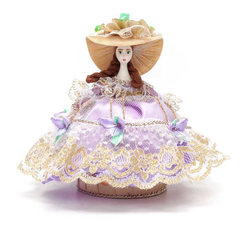 Girl in a nice Summer Hat and Dress sitting on Jewelry Box (hand-sewn Doll by Le Russe)