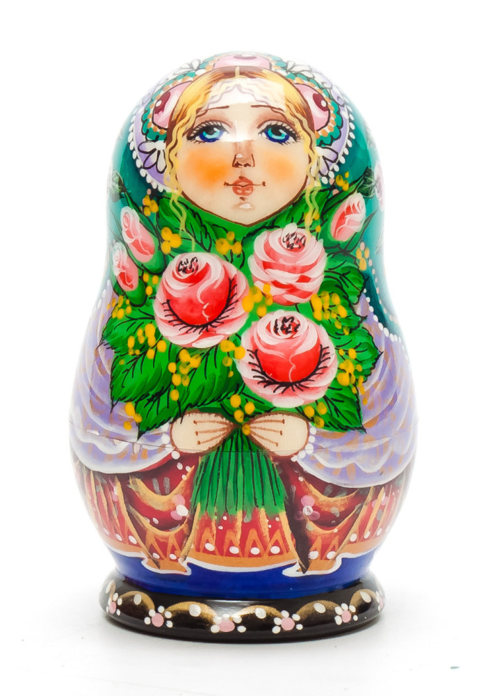 80 mm Maiden with Flowers hand painted on Wooden Matryoshka doll 4 pcs (by Vasily Crafts)